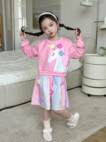 Kids Young Girl Casual 3D Floral & Unicorn Print Mesh Patchwork Dress, Autumn