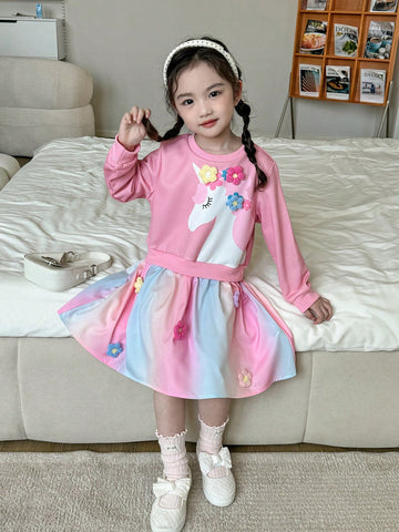 Kids Young Girl Casual 3D Floral & Unicorn Print Mesh Patchwork Dress, Autumn