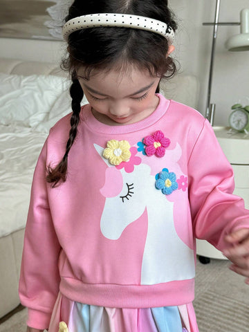 Kids Young Girl Casual 3D Floral & Unicorn Print Mesh Patchwork Dress, Autumn