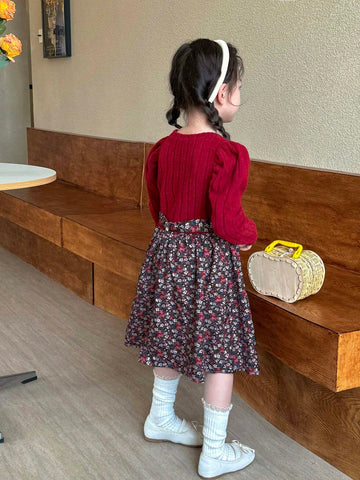 Young Girl Casual Ditsy Floral Patchwork Puff Sleeve Dress, Autumn/Winter