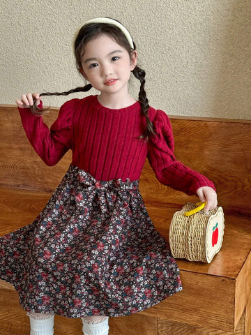 Young Girl Casual Ditsy Floral Patchwork Puff Sleeve Dress, Autumn/Winter