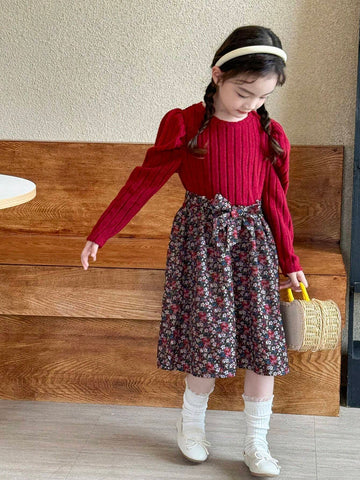 Young Girl Casual Ditsy Floral Patchwork Puff Sleeve Dress, Autumn/Winter