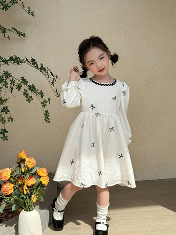 Kids Young Girl Casual Minimalist Round Neck Long Sleeve Dress, Everyday Wear