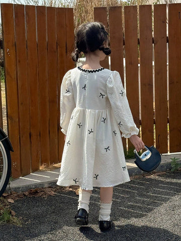 Kids Young Girl Casual Minimalist Round Neck Long Sleeve Dress, Everyday Wear