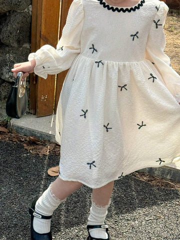 Kids Young Girl Casual Minimalist Round Neck Long Sleeve Dress, Everyday Wear