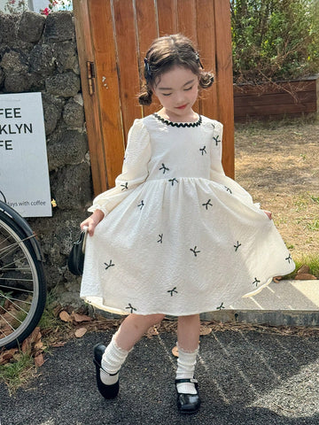 Kids Young Girl Casual Minimalist Round Neck Long Sleeve Dress, Everyday Wear