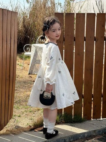 Kids Young Girl Casual Minimalist Round Neck Long Sleeve Dress, Everyday Wear