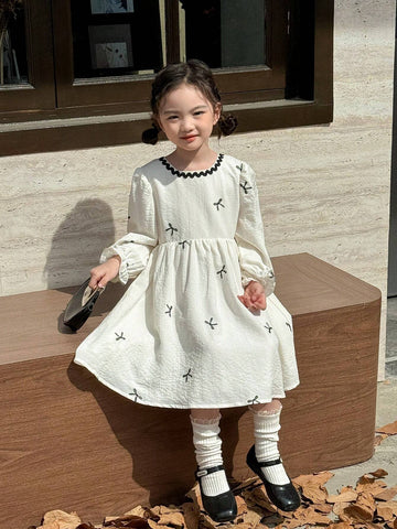 Kids Young Girl Casual Minimalist Round Neck Long Sleeve Dress, Everyday Wear