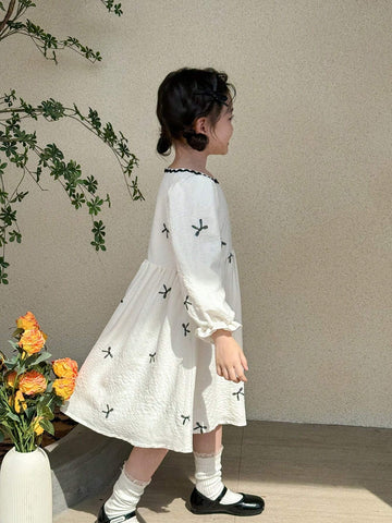 Kids Young Girl Casual Minimalist Round Neck Long Sleeve Dress, Everyday Wear