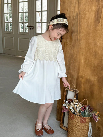 Kids Young Girl Casual Solid Color Lace Patchwork Dress, Autumn