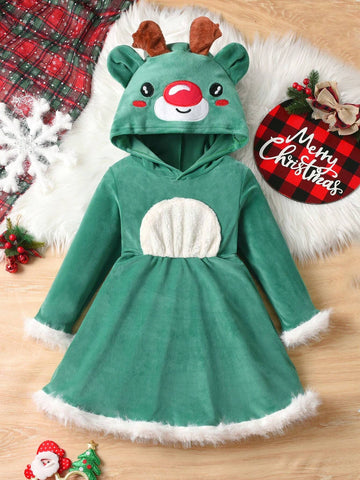 Kids Young Girl' Christmas Long Sleeve Embroidered Reindeer Hooded Splice Fur Trim Colorblock Dress