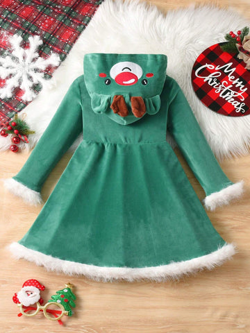 Kids Young Girl' Christmas Long Sleeve Embroidered Reindeer Hooded Splice Fur Trim Colorblock Dress