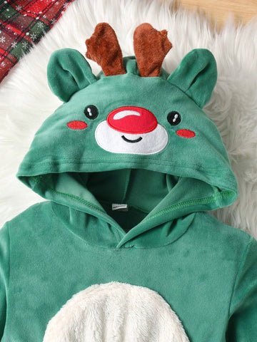 Kids Young Girl' Christmas Long Sleeve Embroidered Reindeer Hooded Splice Fur Trim Colorblock Dress