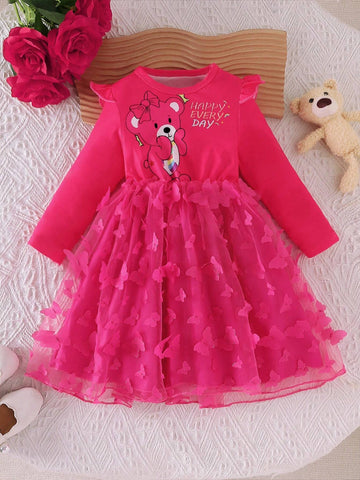 Young Girl' Elegant Fashion Round Neck Cap Sleeve Bear Print 3D Butterfly Net Mesh Dress, Autumn