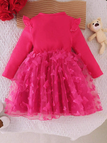 Young Girl' Elegant Fashion Round Neck Cap Sleeve Bear Print 3D Butterfly Net Mesh Dress, Autumn