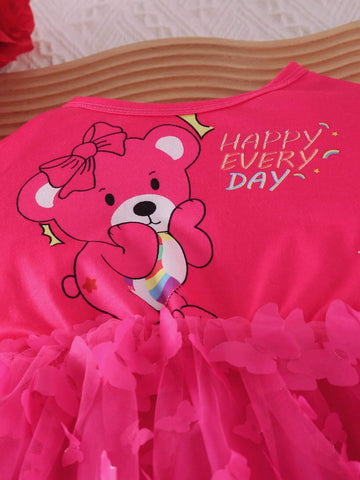 Young Girl' Elegant Fashion Round Neck Cap Sleeve Bear Print 3D Butterfly Net Mesh Dress, Autumn