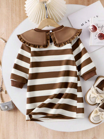 Young Girl Grey-Beige Striped Button-Down Long Sleeve Cute & Fashionable Comfortable Dress, Autumn/Winter