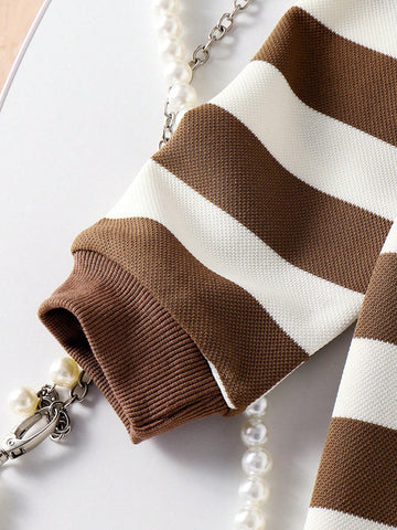 Young Girl Grey-Beige Striped Button-Down Long Sleeve Cute & Fashionable Comfortable Dress, Autumn/Winter