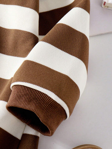 Young Girl Grey-Beige Striped Button-Down Long Sleeve Cute & Fashionable Comfortable Dress, Autumn/Winter