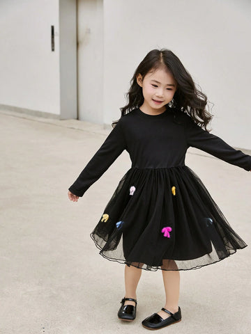 Young Girl' Korean Style 2024 Autumn Long Sleeve Dress, Round Neck Bow Decor Fluffy Dress, High-Quality Dress