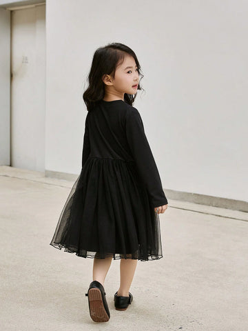 Young Girl' Korean Style 2024 Autumn Long Sleeve Dress, Round Neck Bow Decor Fluffy Dress, High-Quality Dress