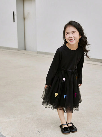 Young Girl' Korean Style 2024 Autumn Long Sleeve Dress, Round Neck Bow Decor Fluffy Dress, High-Quality Dress