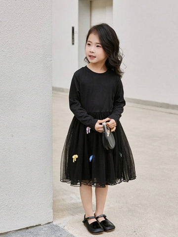 Young Girl' Korean Style 2024 Autumn Long Sleeve Dress, Round Neck Bow Decor Fluffy Dress, High-Quality Dress