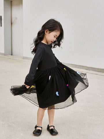 Young Girl' Korean Style 2024 Autumn Long Sleeve Dress, Round Neck Bow Decor Fluffy Dress, High-Quality Dress