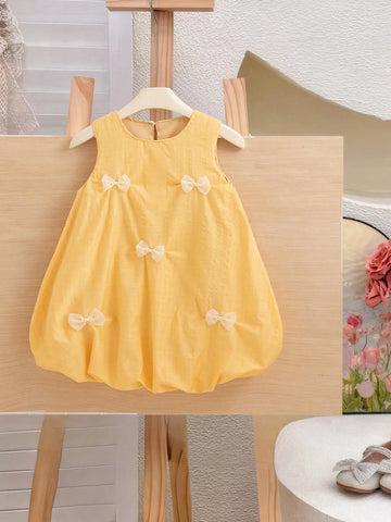 Young Girl' Korean Version Round Neck Sleeveless Floral Ruffle Bow Decor A-Line Dress