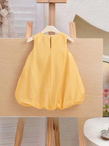 Young Girl' Korean Version Round Neck Sleeveless Floral Ruffle Bow Decor A-Line Dress