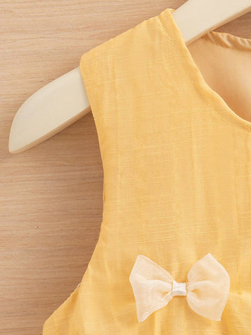 Young Girl' Korean Version Round Neck Sleeveless Floral Ruffle Bow Decor A-Line Dress