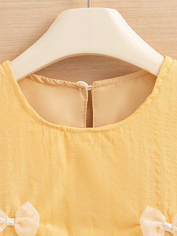 Young Girl' Korean Version Round Neck Sleeveless Floral Ruffle Bow Decor A-Line Dress