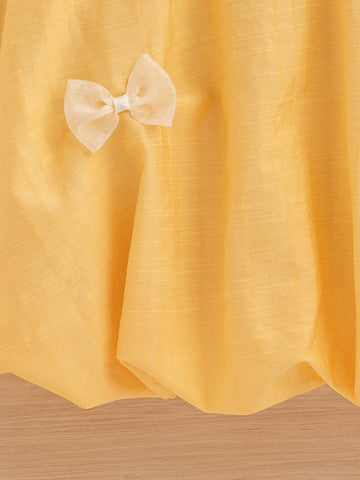 Young Girl' Korean Version Round Neck Sleeveless Floral Ruffle Bow Decor A-Line Dress