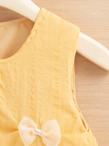 Young Girl' Korean Version Round Neck Sleeveless Floral Ruffle Bow Decor A-Line Dress