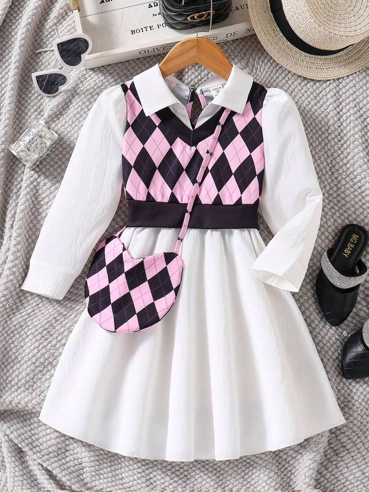 Kids Young Girl Long Sleeve Collared Fake 2-Piece Shirt Dress, Cute & Sweet Outfit With Bag