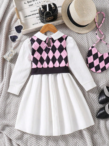 Kids Young Girl Long Sleeve Collared Fake 2-Piece Shirt Dress, Cute & Sweet Outfit With Bag