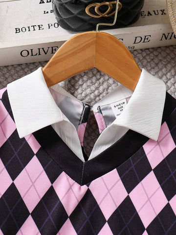 Kids Young Girl Long Sleeve Collared Fake 2-Piece Shirt Dress, Cute & Sweet Outfit With Bag