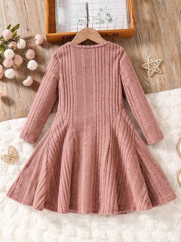 Kids Young Girls Casual Solid Color Fluffy Ribbed Crew Neck Long Sleeve Cinched Waist Fitted Dress