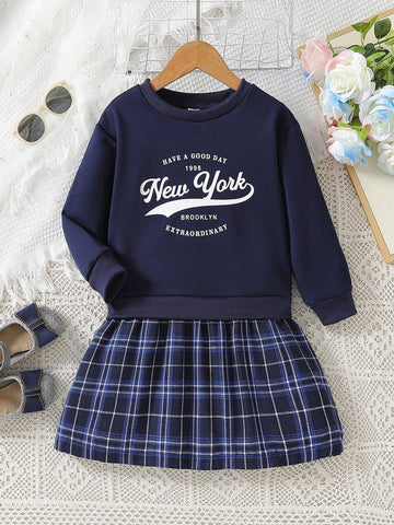 Kids Young Girls Digital Letter Print Round Neck Long Sleeve Plaid Hem Loose Casual Dress, Spring/Autumn