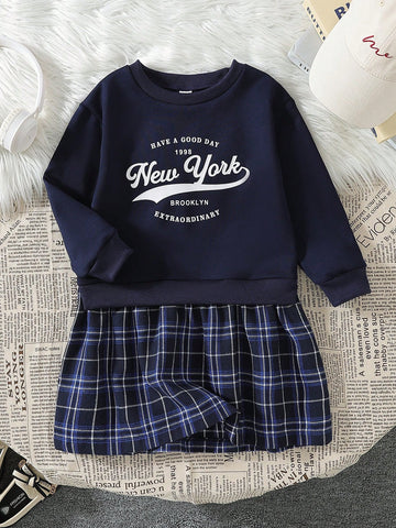 Kids Young Girls Digital Letter Print Round Neck Long Sleeve Plaid Hem Loose Casual Dress, Spring/Autumn