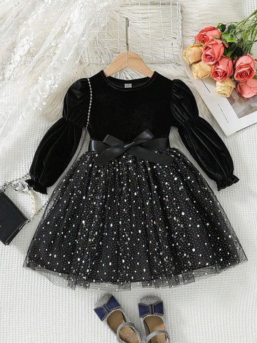 Young Girls New Black Sequin Mesh Tulle A-Line Dress With Ruffles, Round Neck, Lantern Sleeves, Bow Tie, For Spring And Autumn