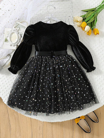 Young Girls New Black Sequin Mesh Tulle A-Line Dress With Ruffles, Round Neck, Lantern Sleeves, Bow Tie, For Spring And Autumn