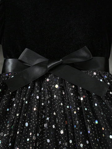 Young Girls New Black Sequin Mesh Tulle A-Line Dress With Ruffles, Round Neck, Lantern Sleeves, Bow Tie, For Spring And Autumn