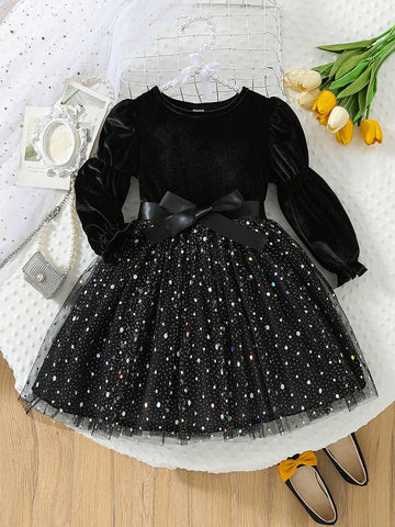 Young Girls New Black Sequin Mesh Tulle A-Line Dress With Ruffles, Round Neck, Lantern Sleeves, Bow Tie, For Spring And Autumn