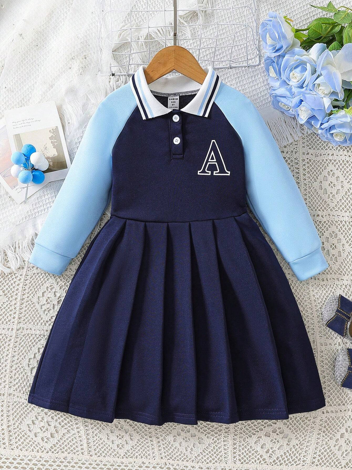 Kids Young Girls Short Letter Print Cinched Waist Pleated Hem Casual Long Sleeve Dress, Spring & Autumn