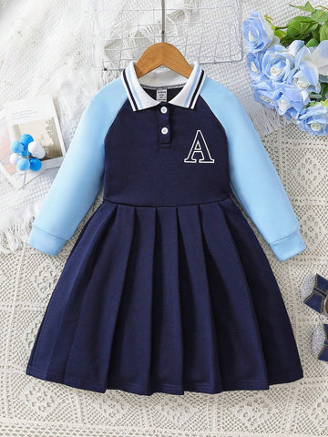 Kids Young Girls Short Letter Print Cinched Waist Pleated Hem Casual Long Sleeve Dress, Spring & Autumn
