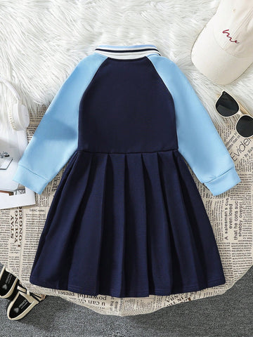 Kids Young Girls Short Letter Print Cinched Waist Pleated Hem Casual Long Sleeve Dress, Spring & Autumn