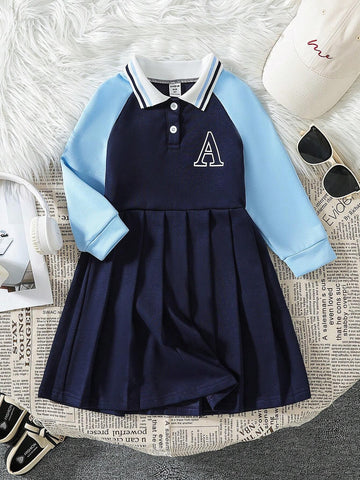 Kids Young Girls Short Letter Print Cinched Waist Pleated Hem Casual Long Sleeve Dress, Spring & Autumn