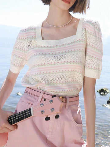 Gentle Striped French Square Collar Short Sleeve Pullover Top