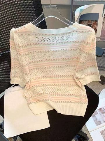 Gentle Striped French Square Collar Short Sleeve Pullover Top